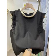 批发高端夏季新款时尚飞飞袖拼色花边甜美时尚宽松显瘦上衣