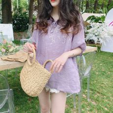 批发娃娃衫上衣夏季新款刺绣宽松圆领甜美休闲显瘦木耳边气质衬衫
