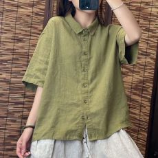 批发夏季新款棉麻短袖衬衫百搭宽松显瘦文艺气质纯棉短袖衬衫