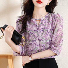 批发夏季新款<b class='q'>镂空</b>碎花雪纺衬衫时尚减龄洋气七分袖小衫