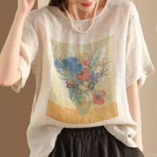 棉麻复古大码文艺宽松显瘦棉麻印花圆领百搭短袖体恤