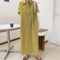 批发夏季新款棉麻衬衫裙通勒宽松大码简约显瘦短袖长款<b class='q'>连衣裙</b>