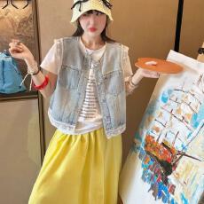 批发夏季新款蕾丝拼接时尚宽松显瘦百搭小众气质马甲<b class='q'>牛仔</b>外套上衣