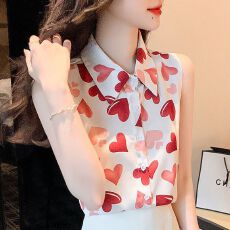 批发夏季新款<b class='q'>印花</b>爱心气质减龄雪纺无袖<b class='q'>衬衫</b>