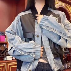 批发2026春秋爆款时尚牛仔拼接皮爆款外套女高级时尚轻奢外套上衣