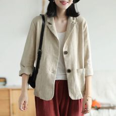 批发春秋新款文艺减龄棉麻西装外套<b class='q'>女士</b>洋气宽松显瘦外搭<b class='q'>小西装</b>外套