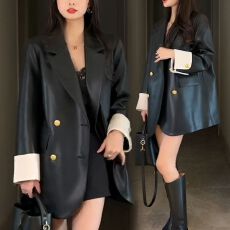 批发撞色袖口穿搭皮衣2026春秋新款宽松时尚韩版PU设计西装外套皮衣