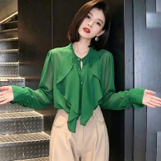批发法式轻奢名媛风大码气质立领荷叶边大码时尚<b class='q'>长袖</b>衬衫春秋夏新款