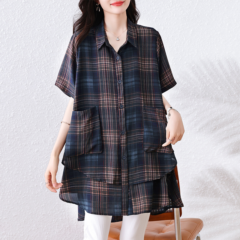 RY4354#大码女装2026夏季时尚百搭格纹胖MM气质衬衫宽松遮肚显瘦小衫