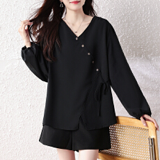 实拍2026春季新款衬衫v领显瘦胖妹妹胖mm减龄宽松洋气长袖上衣女