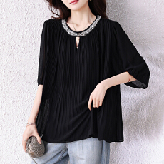 批发实拍2026夏季新款<b class='q'>大码</b>女装镶钻黑色雪纺衫女<b class='q'>胖</b><b class='q'>mm</b><b class='q'>轻</b>奢洋气显瘦上衣