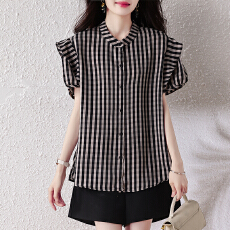 批发实拍2026夏季新款微胖大码女装荷叶边减龄百搭显瘦短袖衬<b class='q'>衫</b>衬<b class='q'>衣</b>女