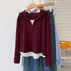 批发大码撞色假两件连帽长袖t恤女<b class='q'>秋</b>季胖妹妹宽松遮肚子显瘦百搭上衣