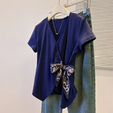 批发大码夏季新款丝巾绑带褶皱上衣女法式洋气别致<b class='q'>加肥</b><b class='q'>加大</b>宽松短袖T