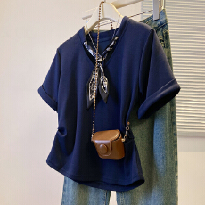 批发纯棉高级感丝巾正肩短袖t恤女士加肥加大夏季大码胖m遮肚独特上衣