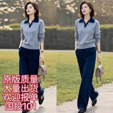 批发素订女装原创<b class='q'>品牌</b>旗舰店时尚洋气POLO领针织衫+直筒裤两件套秋季