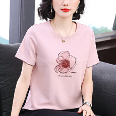 批发<b class='q'>妈妈装</b>2026春季新款短袖女T恤绣花小众设计宽松显瘦拼接<b class='q'>上衣</b>女