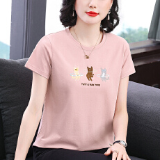 纯色短袖t恤女士刺绣卡通大码圆领休闲2026春季新款洋气宽松上衣