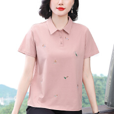 批发<b class='q'>妈妈装</b>2026春季新款翻领短袖女士绣花设计宽松减龄显瘦拼接<b class='q'>上衣</b>