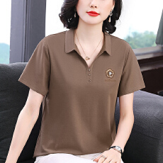 批发20256春季新款<b class='q'>妈妈装</b>短袖女T恤简约翻领亮片设计宽松显瘦拼接<b class='q'>上衣</b>