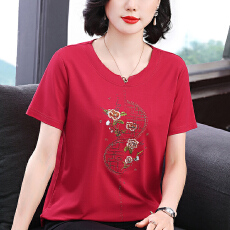批发烫钻绣花短袖t恤女2026春季新款宽松撞色显瘦妈妈<b class='q'>体恤衫</b>上衣女