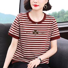 批发2026春季新款<b class='q'>妈妈装</b>条纹烫钻短袖女士高级感小众设计宽松显瘦拼接