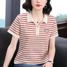 批发2026新款<b class='q'>妈妈装</b>翻领减龄条纹气质短袖t恤宽松洋气休闲大码<b class='q'>上衣</b>