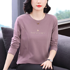 批发2026春季新款<b class='q'>妈妈装</b>圆领拼接时尚宽松遮肚长袖纯色上衣