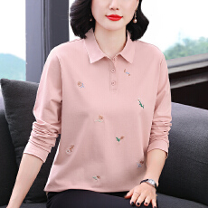 批发纯色长袖套头翻领T恤大码女装绣花2026春季新款休闲大码<b class='q'>妈妈装</b>