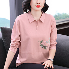 批发长袖T恤女纯棉刺绣<b class='q'>宽松</b>上衣2026年新款时尚休闲翻领女士polo衫