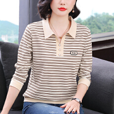 批发长袖T恤2026春季新款宽松洋气减龄条纹大码<b class='q'>中年女装</b>百搭上衣