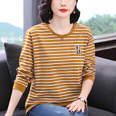 批发2026实拍大码<b class='q'>妈妈装</b>t恤女长袖条纹宽松洋气圆领百搭显瘦中年T恤