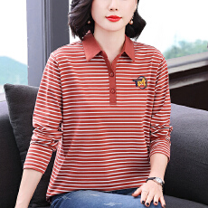 批发2026春新款条纹纯棉长袖T恤女休闲时尚洋气刺绣中老年<b class='q'>妈妈装</b>上衣