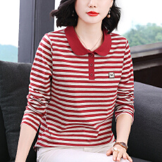 批发<b class='q'>妈妈装</b>宽松长袖T恤女2026年春季新款字母大码女装条纹翻领上衣潮