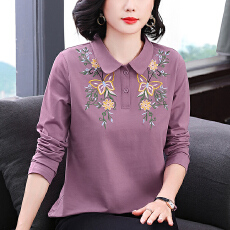 批发<b class='q'>妈妈装</b>2026春季新款翻领长袖女士刺绣T恤洋气小众设计宽松上衣