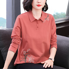 批发<b class='q'>妈妈装</b>2026新款t恤长袖休闲气质中老年时尚洋气上衣百搭刺绣翻领