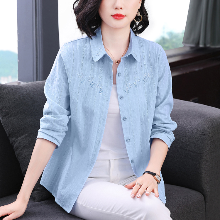 MY16102#纯棉长袖衬衫女上衣大码新款刺绣翻领休闲宽松单排扣女裝貨源服裝批發