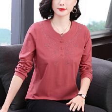 批发新款2026<b class='q'>妈妈装</b>长袖女T恤舒适圆领刺绣设计宽松显瘦拼接上衣