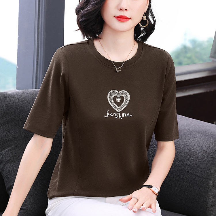 MY16101#新款中袖女T恤简约圆领刺绣亮片设计宽松显瘦拼接上衣女裝貨源...