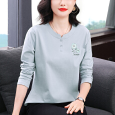 批发秋季2025新款棉T恤女长袖中年<b class='q'>妈妈装</b>宽松刺绣长袖休闲上衣女