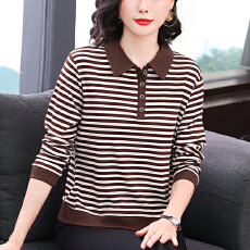 批发秋季2025新款时尚撞色条纹体恤衫中年<b class='q'>妈妈</b>装宽松长袖休闲上衣女