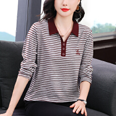 批发<b class='q'>妈妈</b>装宽松长袖<b class='q'>T</b><b class='q'>恤</b>女2025年秋季新款字母刺绣大码条纹翻领上衣潮