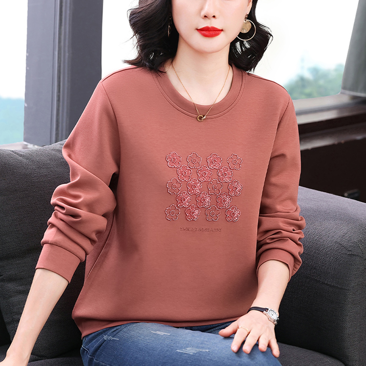 MY16090# 圆领砖红色卫衣套头外穿内搭女士2026年新款宽松遮肚刺绣亮片长袖女裝貨源服裝批發