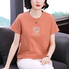 批发2026爱心刺绣纯棉短袖T恤女早春大码宽松遮肚<b class='q'>妈妈装</b>纯色休闲<b class='q'>上衣</b>