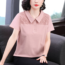 批发2026新款<b class='q'>妈妈装</b>短袖女T恤镂空翻领刺绣设计宽松显瘦拼接<b class='q'>上衣</b>女装