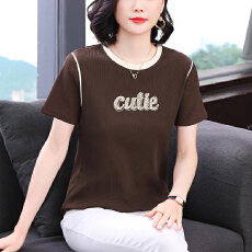 批发2026新款<b class='q'>妈妈</b>装撞色短袖女T恤圆领烫钻设计宽松显瘦拼接上衣女装