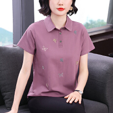 批发<b class='q'>妈妈</b>装2026早春新款休闲短袖女T恤刺绣设计宽松显瘦拼接上衣女