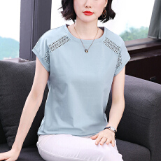 批发<b class='q'>妈妈装</b>2026早春新款短袖女T恤镂空小众设计宽松显瘦拼接上衣女