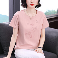 批发<b class='q'>妈妈装</b>2026春季新款短袖女T恤高级感绣花设计宽松显瘦拼接上衣女