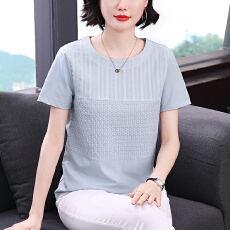 批发纯棉短袖t恤女2026年早春新款宽松拼接刺绣上衣<b class='q'>妈妈装</b>女士体恤衫
